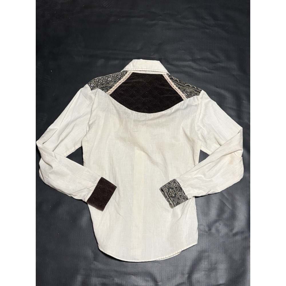 70s VINTAGE Patchwork Brown Cream ButtonDown Western Shirt Pinup Rockabilly Boho - Picture 4 of 10